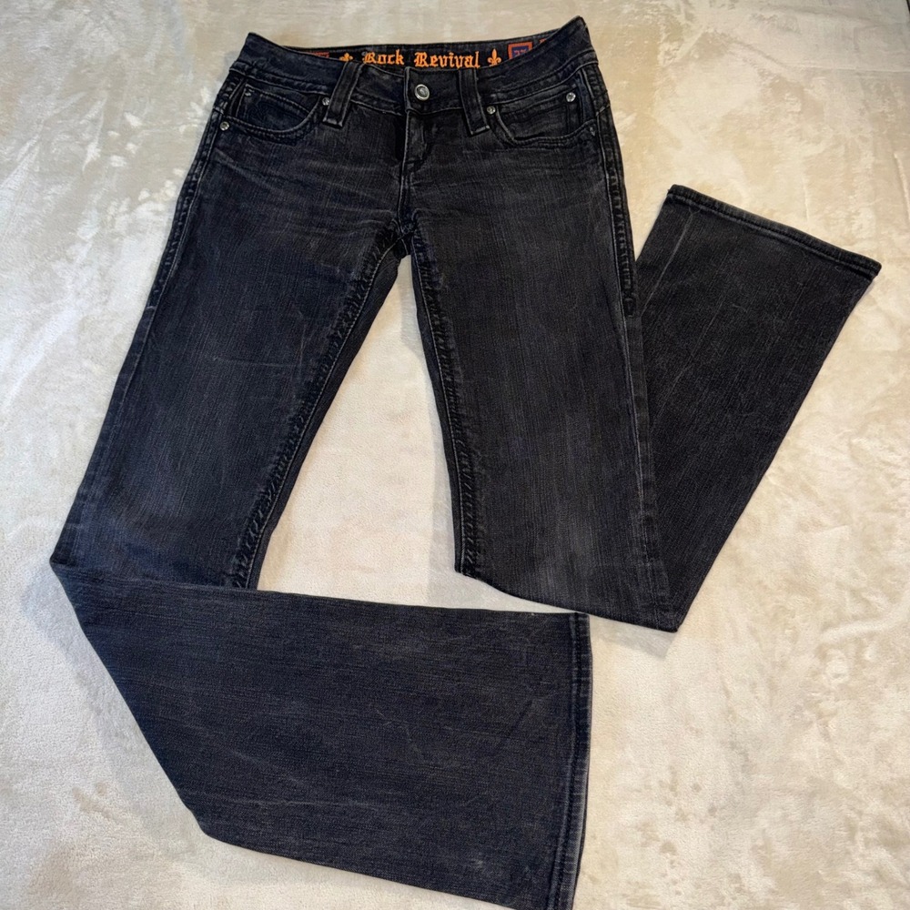 Rock Revival Pat Boot Black Rhinestone Bootcut Jeans Size 27 Low Rise Y2K